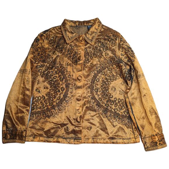 Vtg Y2K Orange Acid Wash Satin Button Up Collared Boho Embellished Jacket L - Picture 1 of 4